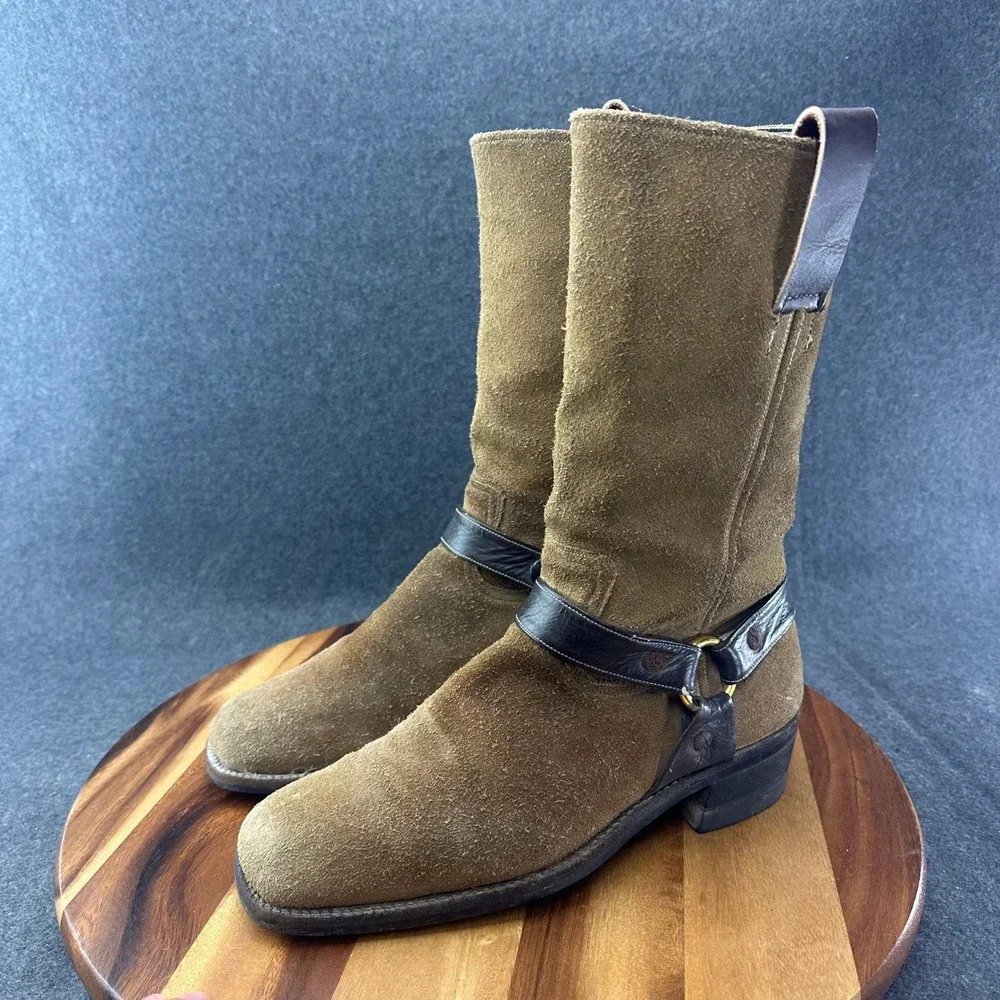 Vintage 1970s Mens Tan Suede Harness Boots Square Toe Brown Leather Straps 9.5 - Picture 4 of 12